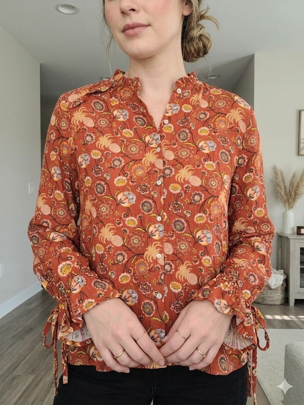 NWT Jane and Delancey Burnt Orange Floral Ruffle-Neck Blouse Large